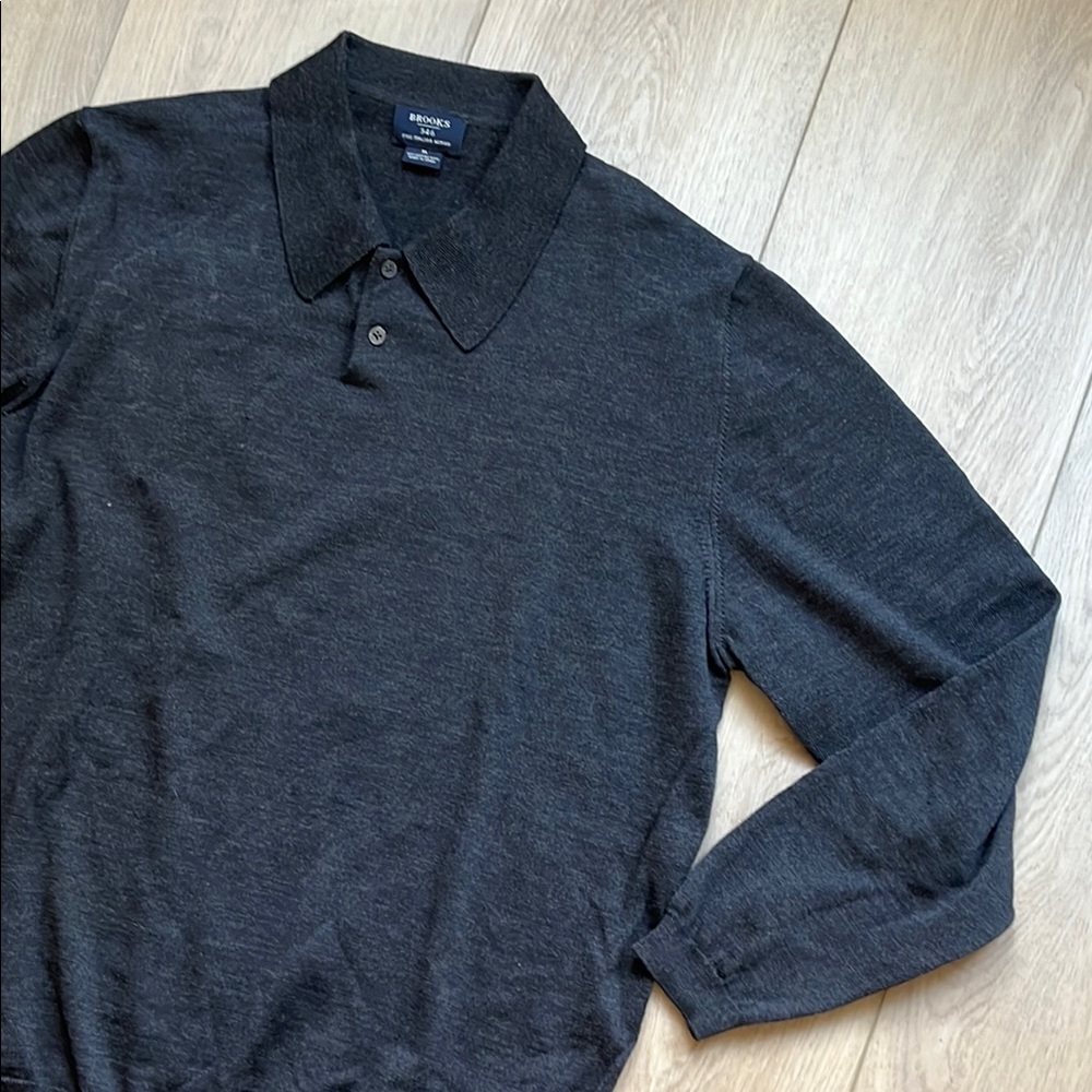 Brooks Fine Italian Merino Wool Gray Long Sleeve Polo Shirt Size Mens XL